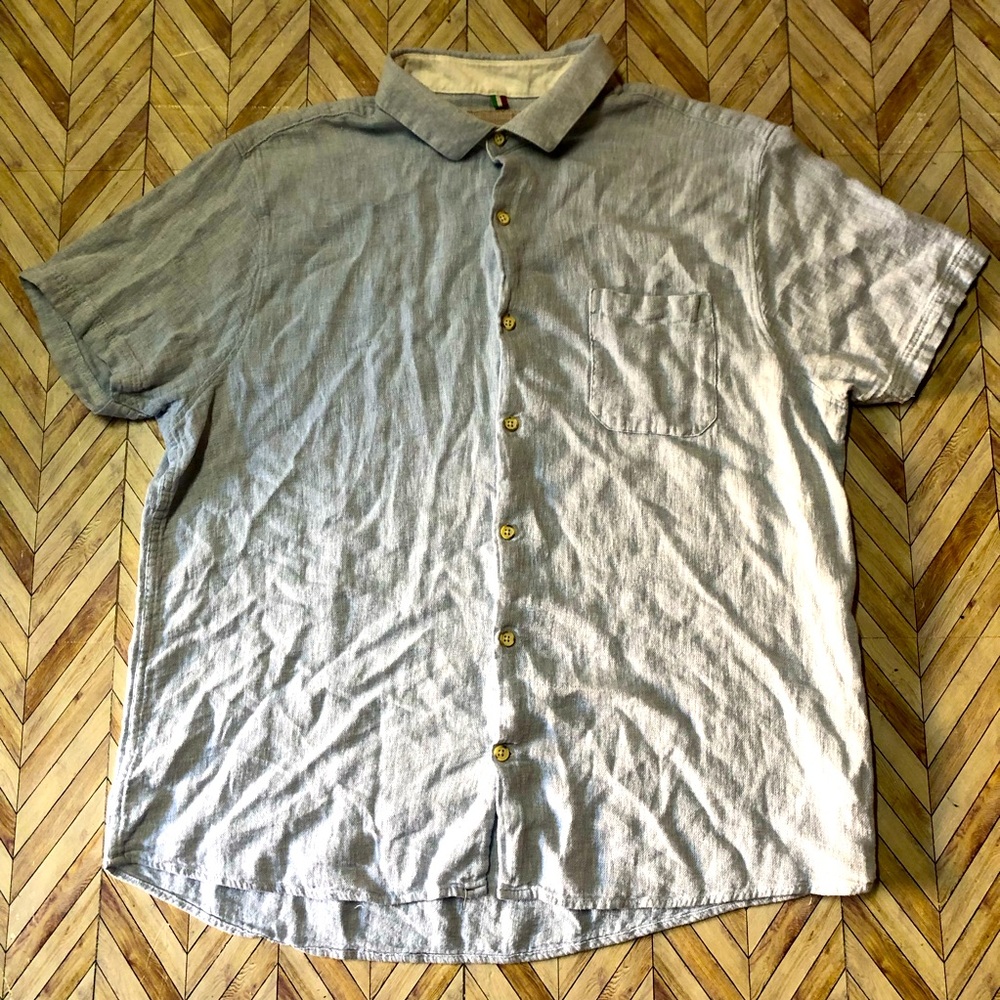 Bruno Positano Button Up Mens XL Blue 100% Linen Short Sleeve Collared Casual